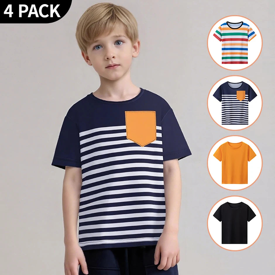 4-piece Children's Spring And Summer New Item 4Y-12Y Multi Size Brother Outfit Short Sleeved Fashionable Mixed Color Boy's T-shi