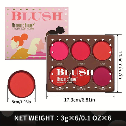 6-Color Waterproof Matte Blush Palette Free Brush Buildable Medium Coverage Sweatproof&Long-Lasting Natural Finish Lightweight
