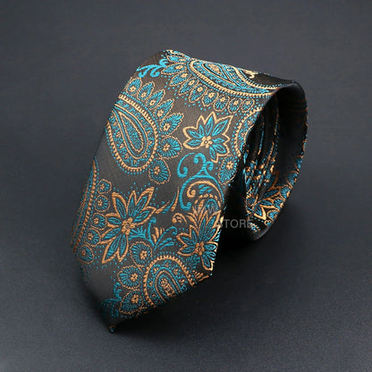 Mens Paisley Necktie - Grey Brown Green Wedding  Business Tie