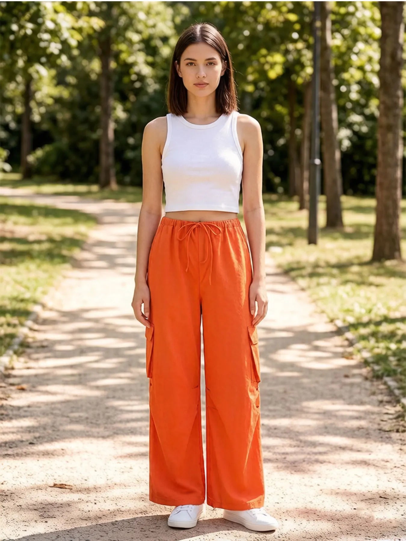 Women's Orange Cargo Wide Leg Pants Casual Loose High Waisted Drawstring Trousers with Pockets for Streetwear Summer Daily Wear