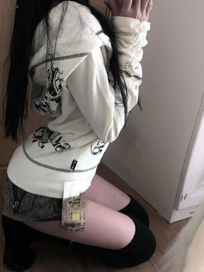 Harajuku Y2k Gothic Hooded Coat Women 2025 Autumn New Casual All-match Jackets Subcultural Japanese Black Tops Mujer Sweatshirt