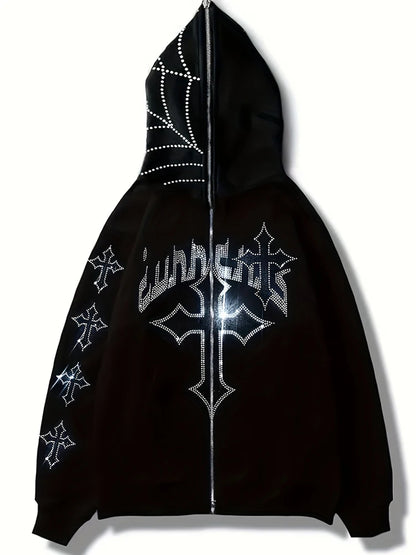 Street Tide Gothic Dark Long Sleeve Sweatshirt Ladies Casual Loose Top Y2K Fashion Hoodie Rhinestone Letter Cross Print Hoodie