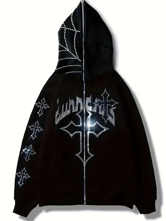 Street Tide Gothic Dark Long Sleeve Sweatshirt Ladies Casual Loose Top Y2K Fashion Hoodie Rhinestone Letter Cross Print Hoodie