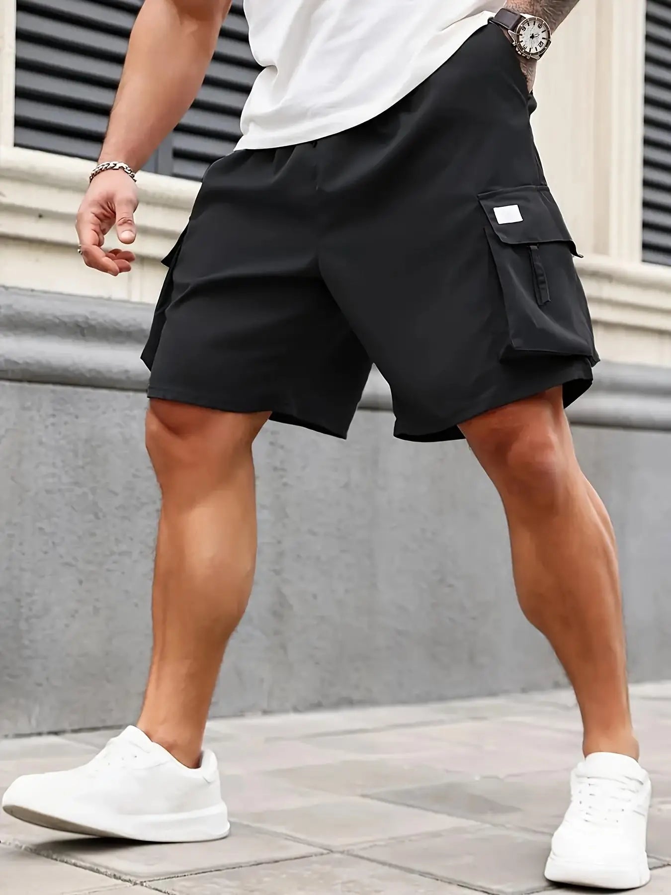 Men's Plain Regular Style Cargo Shorts with Drawstrings and Elastic Waistband, Large Flap Pocket Pants Design, Casual Shorts, Suitable for Summer Basketball, Beach Vacation, Daily Travel, Fitness and Sports and Other Scenes