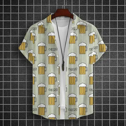 Hawaiian Shirt For Men 3d Beer Printed Short Sleeve Shirts Party Tees Summer Casual Tops Loose Oversized Clothing