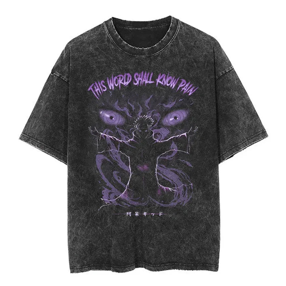Men Streetwear Tshirt Japanese Naruto Anime Graphic T-Shirt Cotton Harajuku Washed T Shirt Summer Hip Hop Tops Tees Black