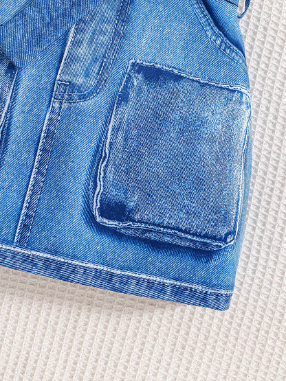 2025 Summer girls fashion casual 2-piece butterfly halter vest top + imitation denim stretch casual skirt casual suit