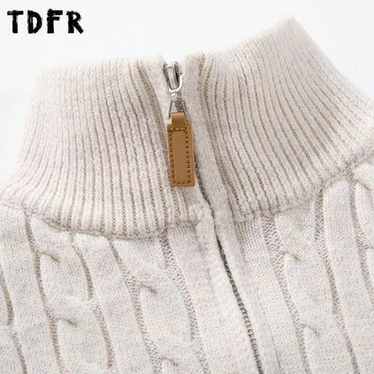 Retro Stand Collar Half Zipper Sweater Mens Solid Color Autumn Winter Casual Knitted Long Sleeve Loose Pullover Man