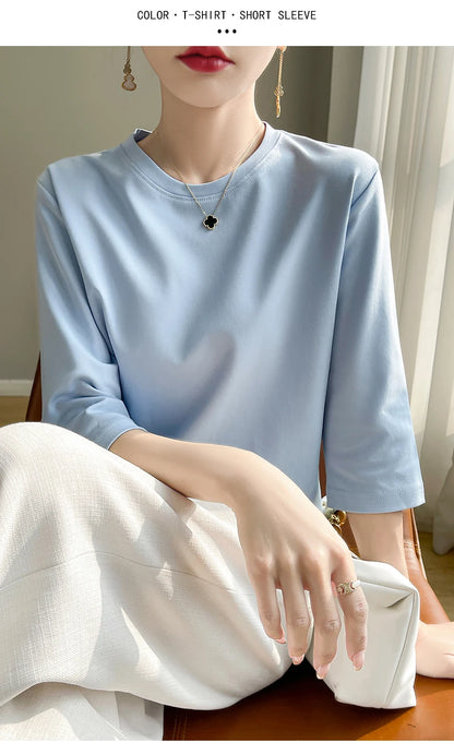 Summer Cotton Short-Sleeved T-Shirt Women's Round Neck Seven-Point Sleeves Loose Mercerized Cotton Half-Sleeve Shirt New T-shirt