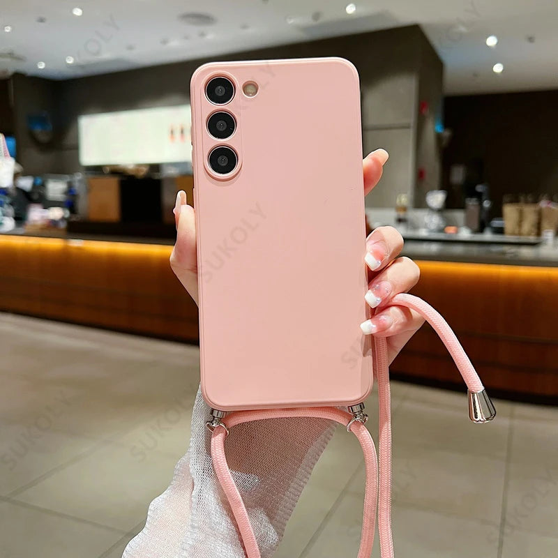 Crossbody Lanyard Soft Case For Samsung Galaxy S23 FE S25 Edge S26 S24 Ultra A17 A57 A37 A55 A56 A16 5G Liquid Silicone Cover