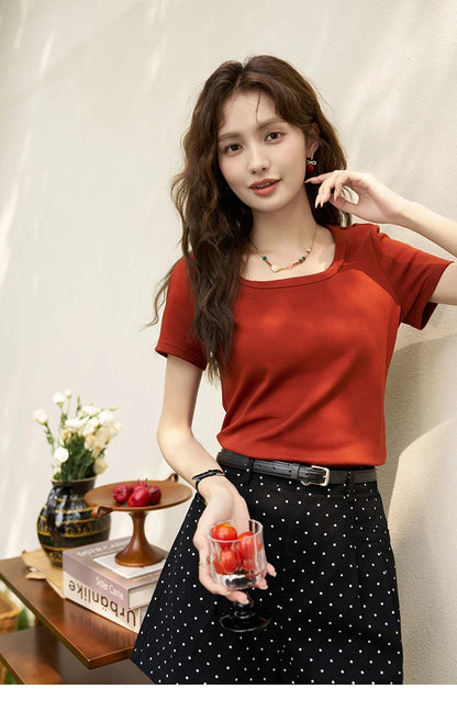 Women's Square-Neck T-Shirt – Elegant Cotton Short-Sleeve Top