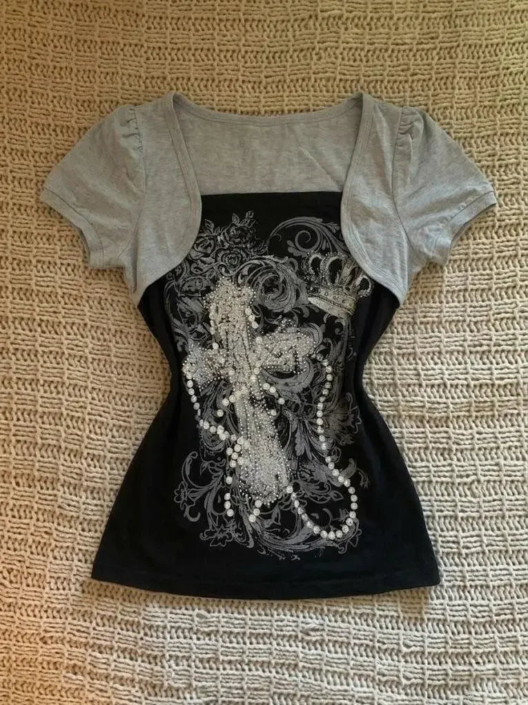 American Vintage Skeleton Aesthetic Short Sleeved Tees Women Y2k Harajuku Rock Hottie T-shirt Gorhic Retro Sexy Slim Chic Tops