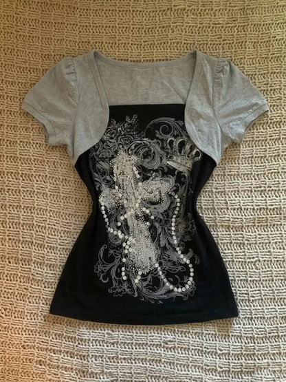 American Vintage Skeleton Aesthetic Short Sleeved Tees Women Y2k Harajuku Rock Hottie T-shirt Gorhic Retro Sexy Slim Chic Tops