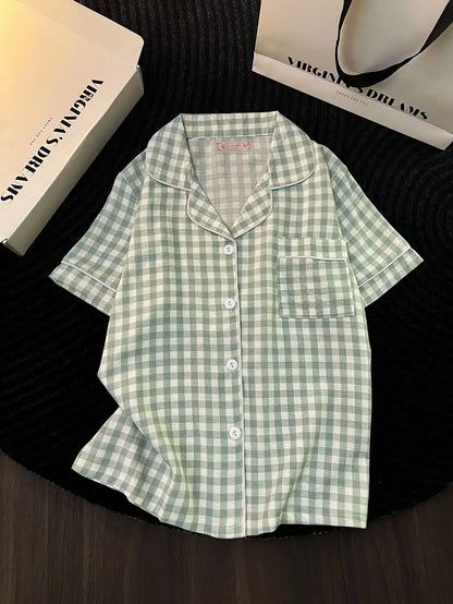 Ins Japanese-Style Minimalist Women's Pajamas Summer Bubble Cotton Cute Girl Loose Short-Sleeve Shorts Loose Summer Outfit Set