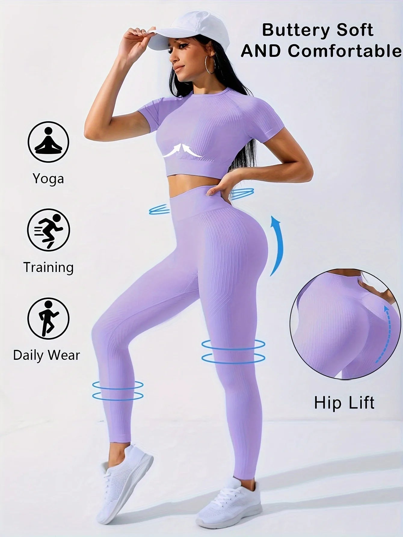 Workout Sets Outfits for Women – Yoga Leggings with Short Sleeve Crop Top, Slim Fit Tummy Control Butt Lifting Waist Shaping, Seamless Ribbed Texture, Breathable Soft Fabric, Non-Pilling, Perfect for Fall Winter Gym Yoga Ru