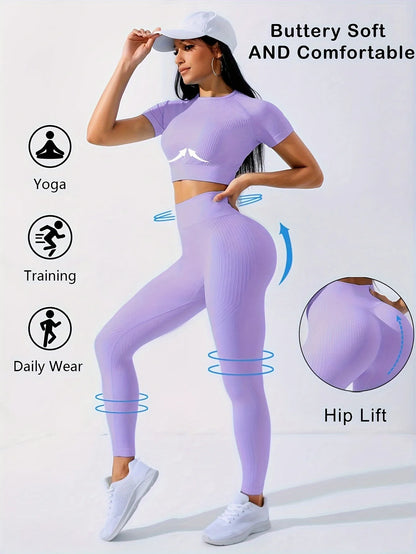 Workout Sets Outfits for Women – Yoga Leggings with Short Sleeve Crop Top, Slim Fit Tummy Control Butt Lifting Waist Shaping, Seamless Ribbed Texture, Breathable Soft Fabric, Non-Pilling, Perfect for Fall Winter Gym Yoga Ru