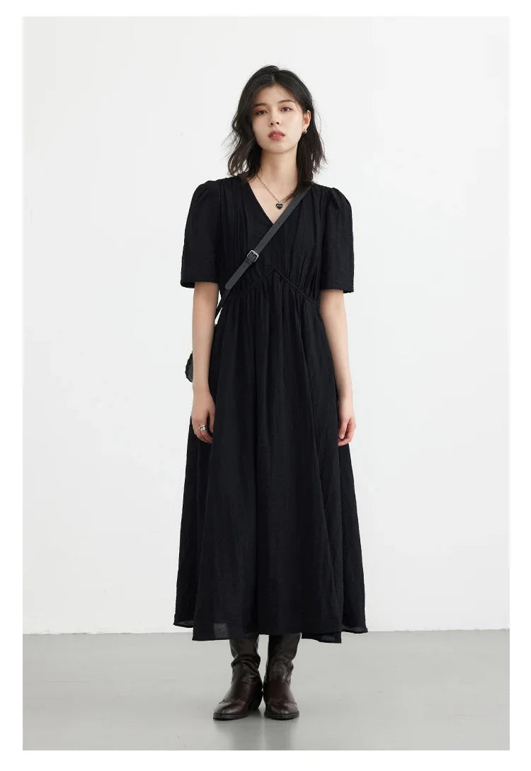 Vintage V-Neck Dress – Women Summer Fashion | White Puff Sleeve, Loose Ankle-Length