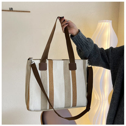 Striped Canvas Tote - Women's Crossbody Shoulder Bag With Zipper Closure, Versatile Daily Use