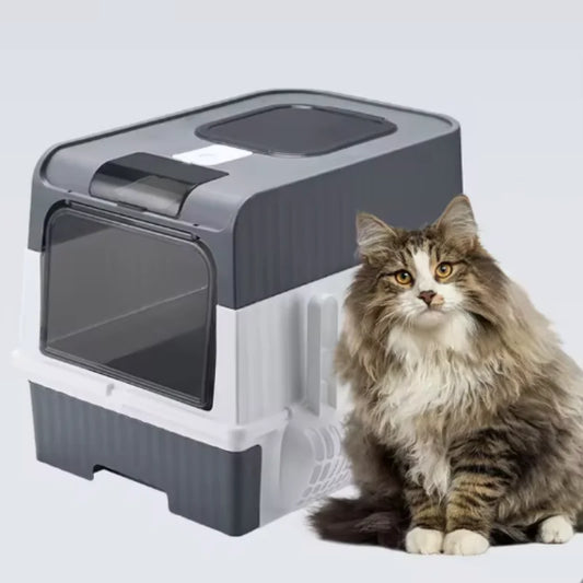 Large Foldable Cat Litter Box with Scoop - Odor Control Easy to Clean Front Entry  Top Exit - ZOOMNSTORE