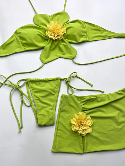 3 Piece Bikini Set - Halter Neck Floral Swimwear With Skirt & Wire Free Support