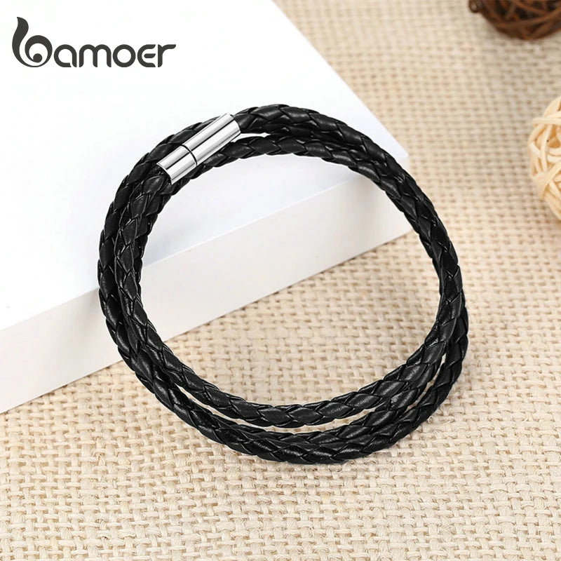 BAMOER PU Leather Bracelet Multi-layer Wrap Braid Long Chain Adjustable Magnet Buckle Unisex for Women and Men Stackable Jewelry