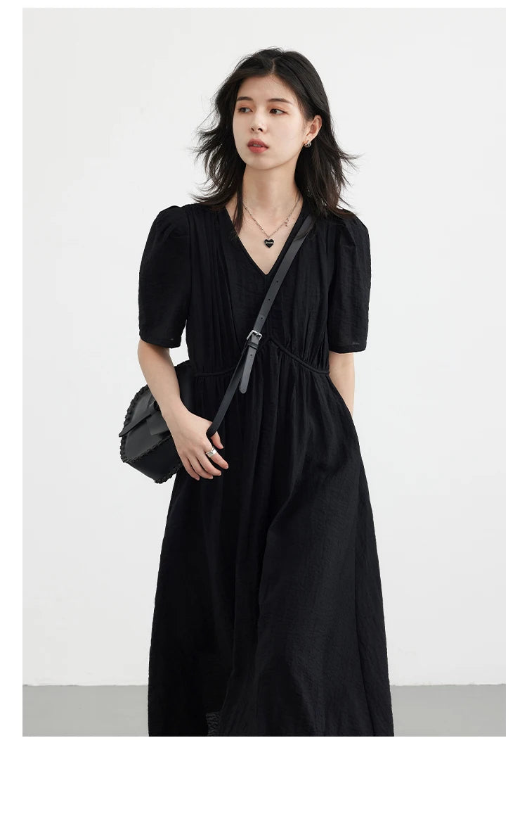 Vintage Puff Sleeve Dress - French Style Black Ankle Length Women Summer Casual Wear