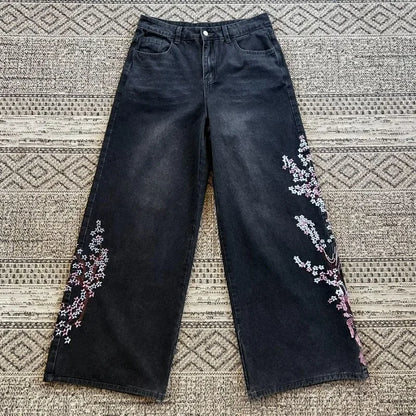 Y2K Vintage Baggy Fallen Knight Cherry Blossom Embroidery Jeans Men Women Fashion Straight Wide-leg Denim Pants Streetwear Jean