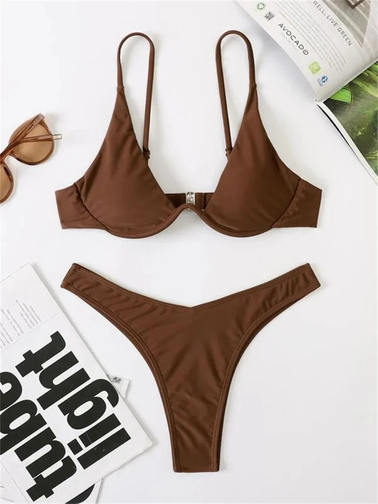 Sexy Red Underwire Bikini - Push Up Bra Thong Swimsuit with V Neck Design - ZOOMNSTORE