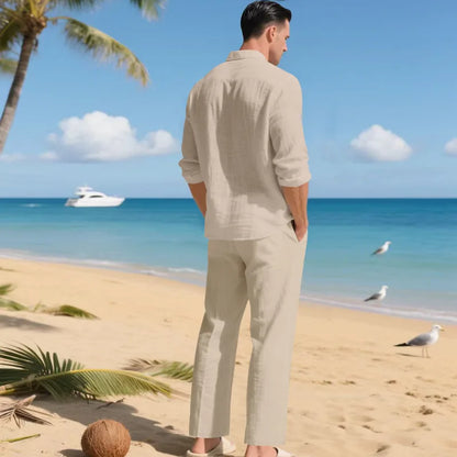 Men's Autumn Loose Trend Linen Solid Color Simple Lapel Long-Sleeved Shirt Beach Trousers Set