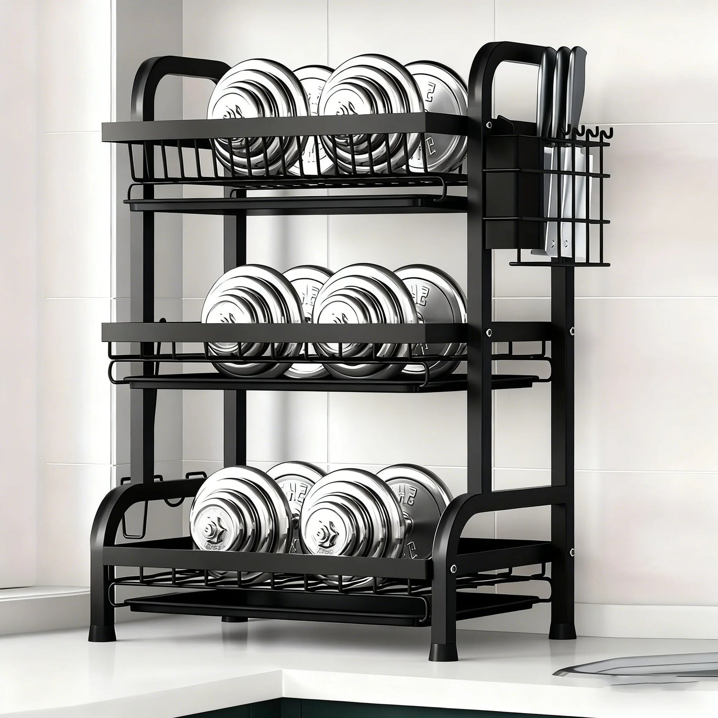 Large 2-3 Tier Vertical Dish Rack/Utensil Holder, Kitchen Storage Rack with Quick Drainage System, Knife and Fork Holder, Cutting Board Storage, Drying Rack - Heavy-Duty Carbon Steel Multifunctional Utensil Organizer, Suitabl
