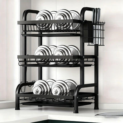 Large 2-3 Tier Vertical Dish Rack/Utensil Holder, Kitchen Storage Rack with Quick Drainage System, Knife and Fork Holder, Cutting Board Storage, Drying Rack - Heavy-Duty Carbon Steel Multifunctional Utensil Organizer, Suitabl