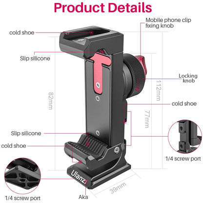 Ulanzi ST-27 Metal Vertical Shooting Phone Mount Holder Clip with Cold Shoe for Rode Wireless Go Microphone Video Light Vlog