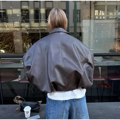 Vintage Leather Bomber Jacket – Women's PU Leather Zip Jacket With Belt & Patchwork Design