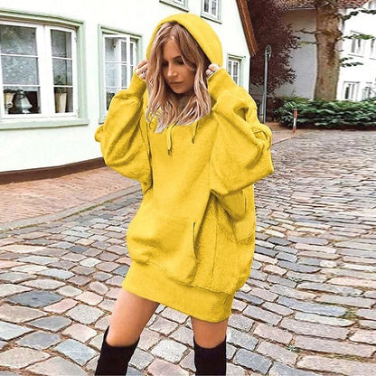 Oversized Hoodie Dress Women Loose Long Sleeve Pocket Drawstring Sweatshirt Dress Casual Streetwear Daily Wear Warm Pullover