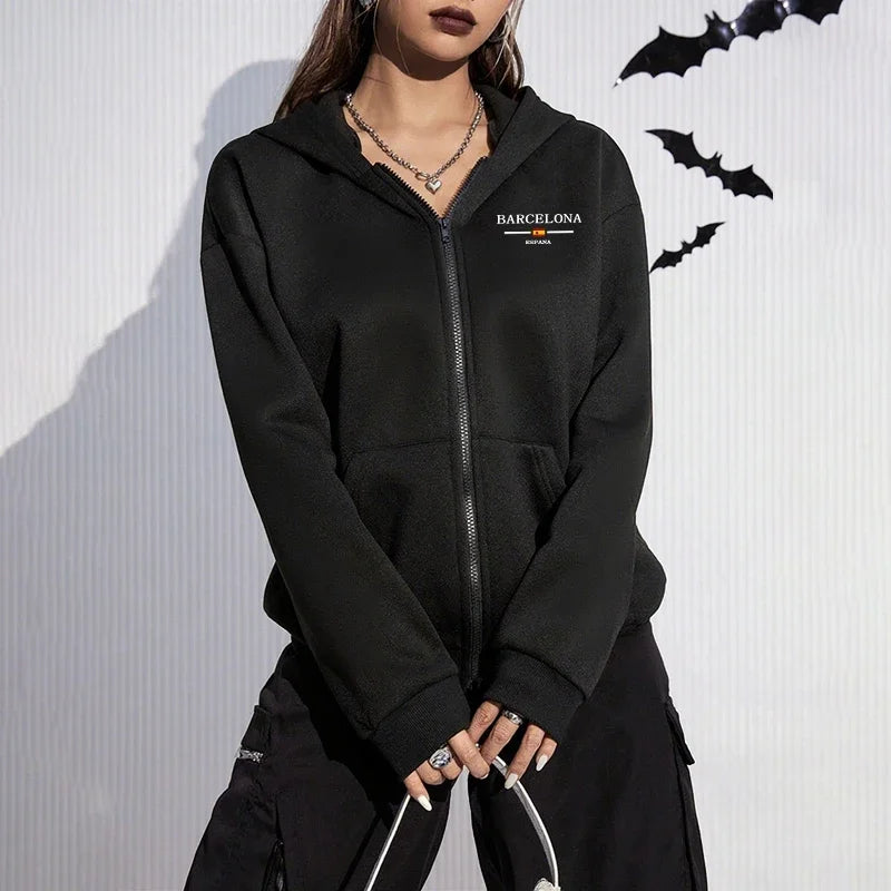 Autumn Winter Female Daily Casual Sport Coat 2025 New Arrival Woman Zipper Hoodie High Quality Barcelona Print Hooded Sweatshirt