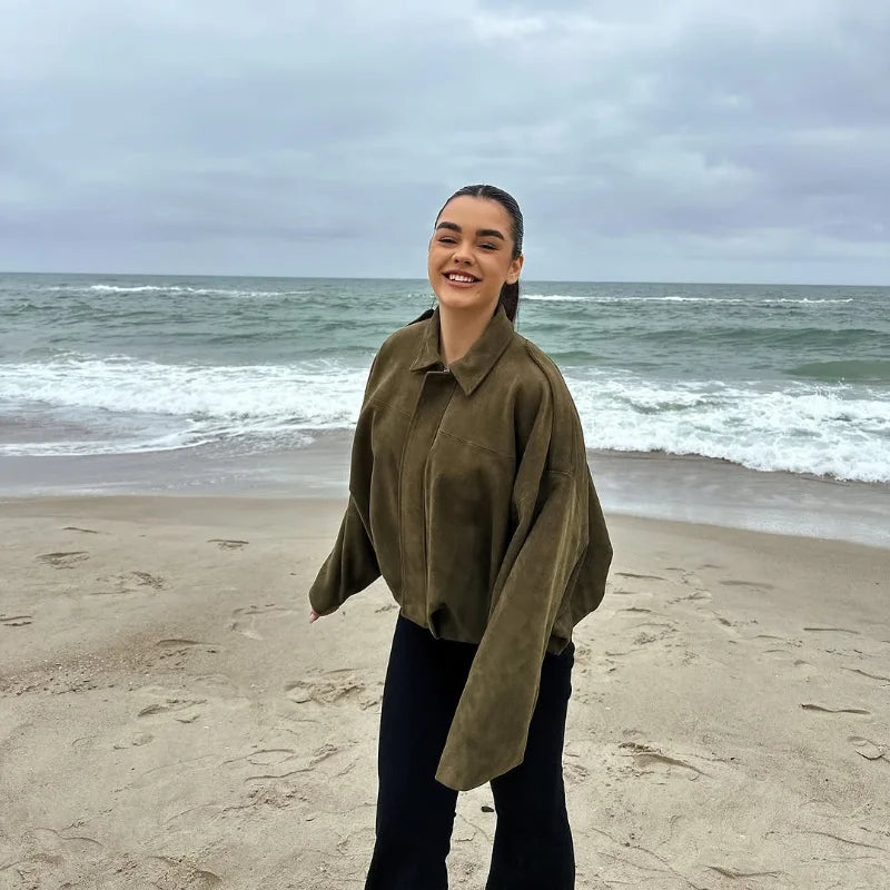 Vintage Suede Green Bomber Jacket Women Loose Lapel Full Sleeve Zipper Commute Coat 2025 Autumn Lady High Street All-match Coats