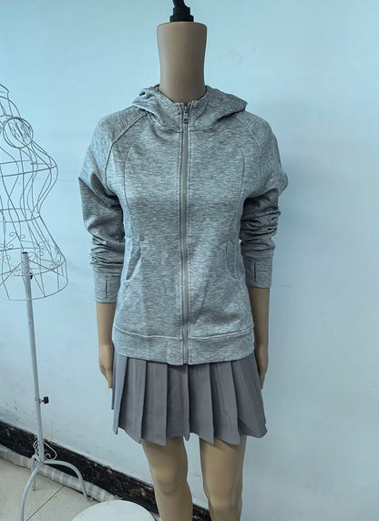 Gray Zipper Hooded Sweatshirt Women 2026 New Korean Slim Fit Cardigan Long Sleeve Coat Woman Solid Pockets Sports Hoodies Jacket
