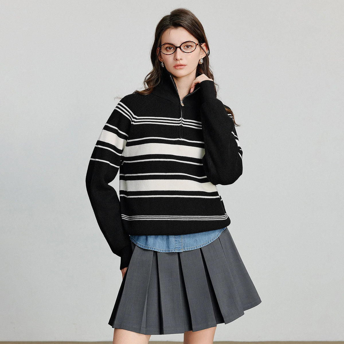 TOYOUTH Women Knitted Sweater 2026 Autumn New Fashionable Style Striped Zipper High Collar Woolen Pullover Sweater Tops