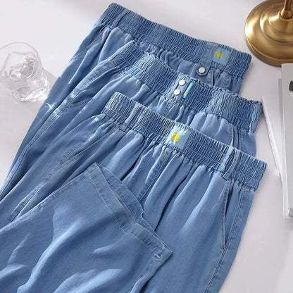 Spring Summer Ice Silk Wide Leg Jeans Loose Casual Pants Thin Lightweight Women's plus Size Elastic Waist Drapey Loose Fit