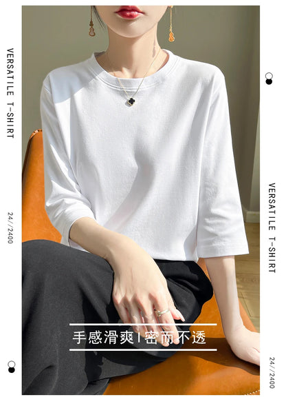 Summer Cotton Short-Sleeved T-Shirt Women's Round Neck Seven-Point Sleeves Loose Mercerized Cotton Half-Sleeve Shirt New T-shirt