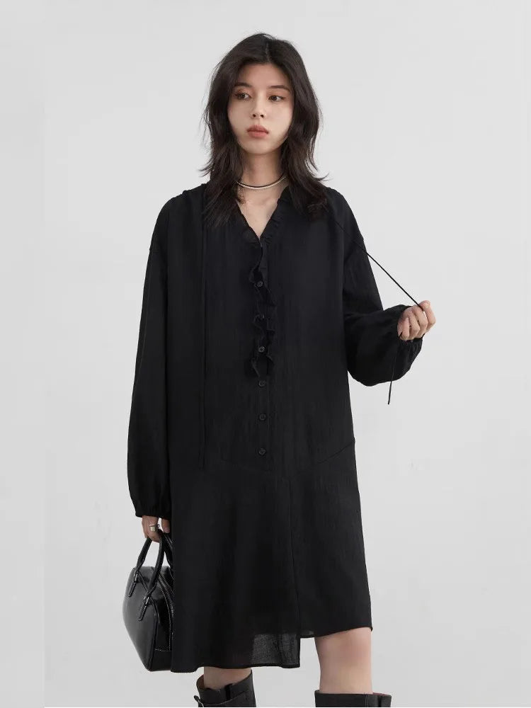 Women Loose Dress - Casual V-Neck Long Sleeve A-Line Knee Dress With Ruffled Lantern Sleeves