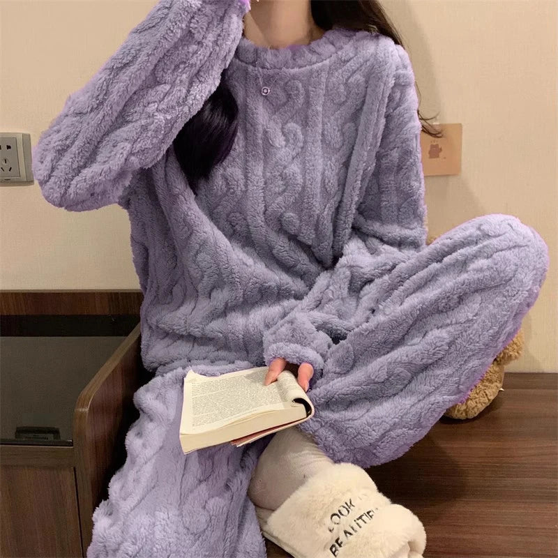 Ultra Soft Warm Coral Fleece Pajama Set Lightweight Fluffy Winter Loungewear Sleepwear For Women Cozy Home Suit Winter Style New