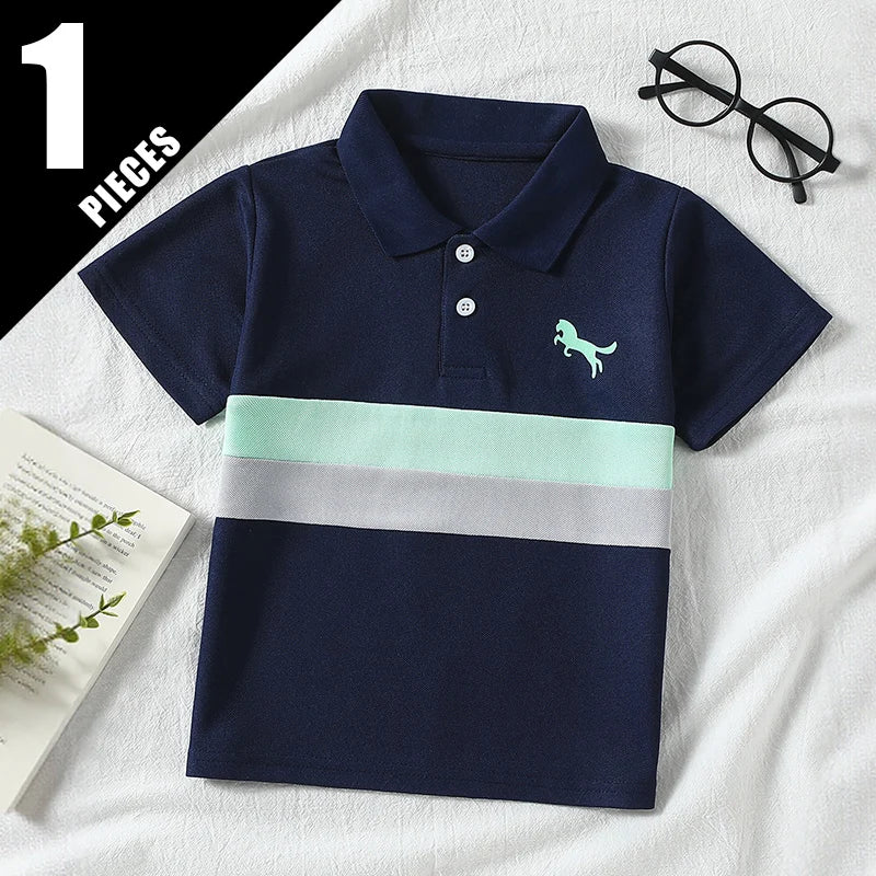 1/2/3 piece set of children's striped multi-color POLO short sleeved boy handsome casual lapel button top versatile sports T-shi