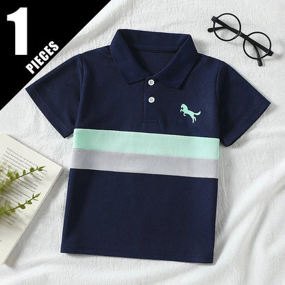 1/2/3 piece set of children's striped multi-color POLO short sleeved boy handsome casual lapel button top versatile sports T-shi