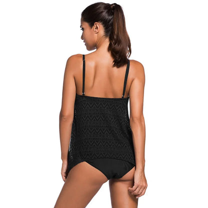 Plus Size Swimwear Women Black Tankini Tummy Control Swimwear Tank Top Retro Solid Swimsuit with Shorts Two Piece Bathing Suit