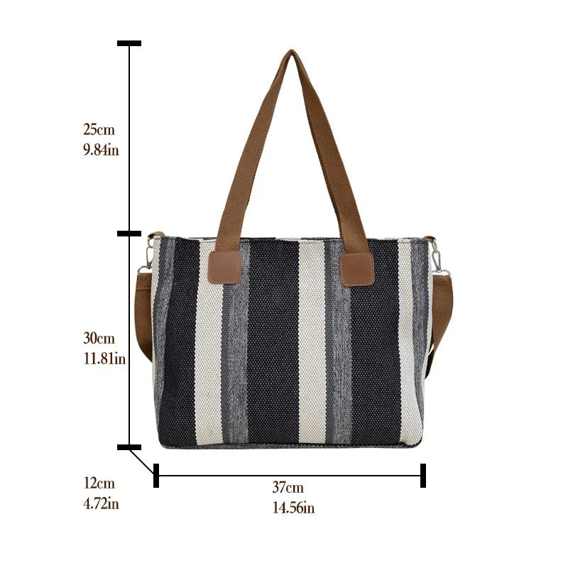 Striped Canvas Tote - Women's Crossbody Shoulder Bag With Zipper Closure, Versatile Daily Use