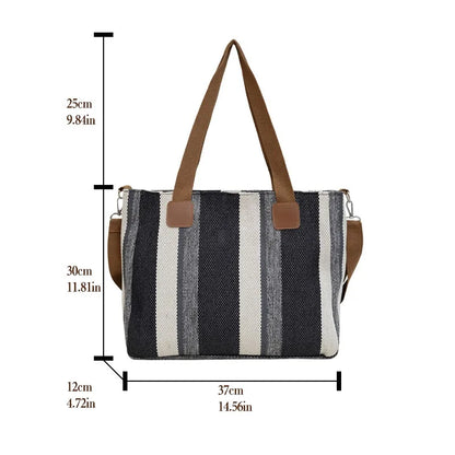 Striped Canvas Tote - Women's Crossbody Shoulder Bag With Zipper Closure, Versatile Daily Use