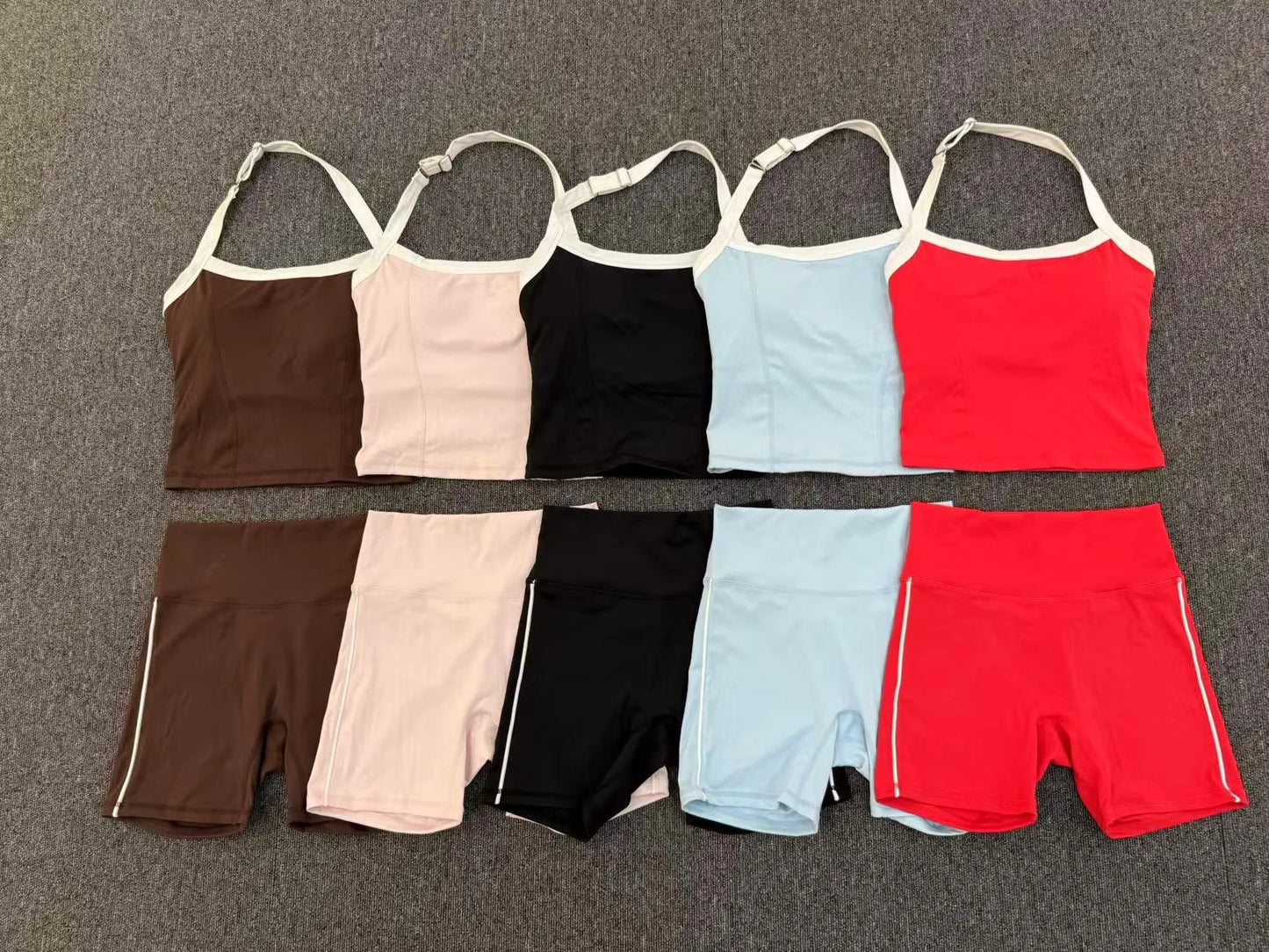 Fashion Patchwork Skinny Shorts Set Gym Women Workout Clothing Summer Sleeveless Backless Fitness Sport Suit Women Sportwear Red