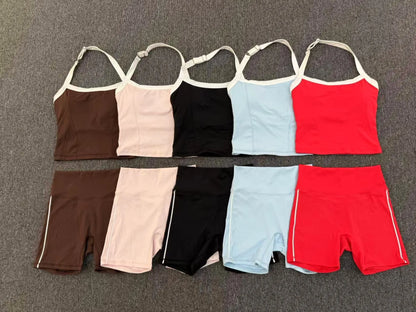 Fashion Patchwork Skinny Shorts Set Gym Women Workout Clothing Summer Sleeveless Backless Fitness Sport Suit Women Sportwear Red