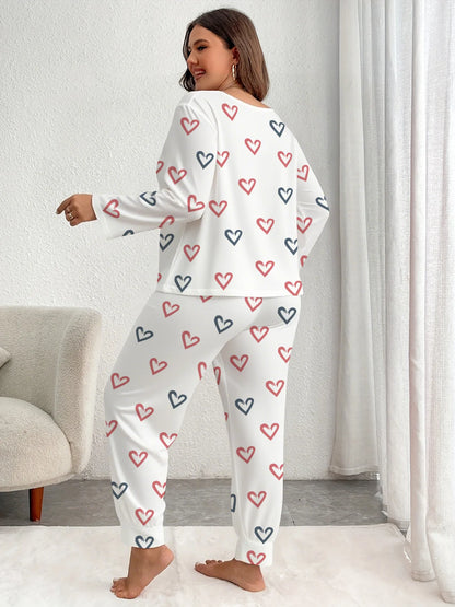 Autumn Winter Pink Heart Print Plus-Size Sleepwear Women Pajama Set Long Sleeve Tops and Trousers 3XL 4XL 5XL Loungewear